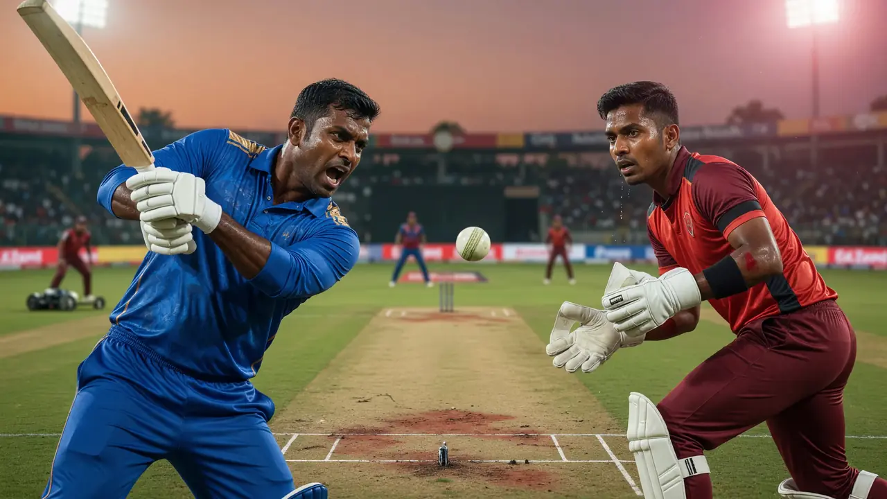 Close-up of a blue-kit batter swinging at a white ball while a maroon-kit wicketkeeper in white gloves crouches ready under stadium lights at sunset