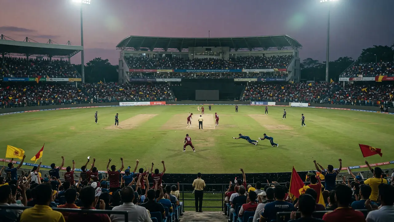 Wide dusk view of a packed cricket stadium under floodlights with batters and fielders on a green oval, diving blue-kit fielders near the pitch, and spectators waving yellow and red flags in the foreground