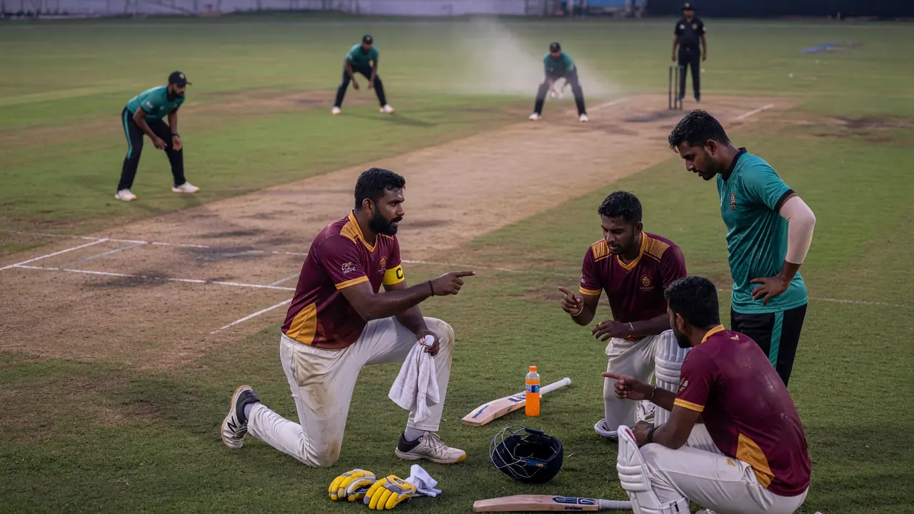 Four cricket players in maroon and teal kits crouch on the outfield discussing tactics beside gloves, a bat, helmet and water bottle while fielders wait on the pitch behind them